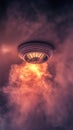 Smoke detector sensor activating with red smoke and intense glow on ceiling. Home safety and emergency alert concept Royalty Free Stock Photo