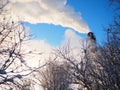 Smoke from a factory chimney. Ecological pollution. Air emissions polluting forest. Industrial waste. Industry Royalty Free Stock Photo