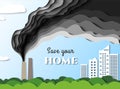 Smoke from the factory goes towards the city. Air pollution poisons. Save your home. Vector. Paper cut illustration