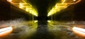 Smoke Fig Mist Night Club Show Stage Neon Tubes Glowing Yellow Orange  On Reflective Concrete Grunge Room Garage Gallery Royalty Free Stock Photo