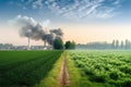 Smoke-filled factory chimneys against a green field. The damaging effects of harmful chemical emissions on the natural environment