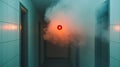 Smoke-Filled Hallway with Blinking Alarm Light