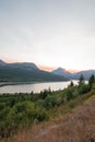 Smoke filled Sunset over Lower Two Medicine Lake in Glacier National Park in Montana USA durng the 2017 fall fires Royalty Free Stock Photo