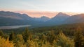 Smoke filled Sunset over Lower Two Medicine Lake in Glacier National Park in Montana USA durng the 2017 fall fires Royalty Free Stock Photo