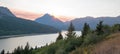 Smoke filled Sunset over Lower Two Medicine Lake in Glacier National Park in Montana USA durng the 2017 fall fires Royalty Free Stock Photo