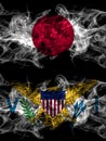 Smoke flags of Japan, Japanese and United States of America, America, US, USA, American, Virgin Islands Royalty Free Stock Photo