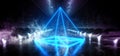 Smoke Fog Alien Sci Fi Futuristic Modern Neon Glowing Hologram Pyramid Stage Blue Construction Metal With Studio Lights And Lasers