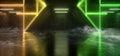 Smoke Fog Cyber Virtual |Green Yellow Triangle Laser Neon Glowing Sci Fi Futuristic Warehouse Grunge Concrete Stage Room Garage