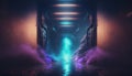 Smoke Fog Futuristic Hall Corridor with Neon Laser Led Blue Purple Glowing Tunnel Metal Reflection. Generative ai