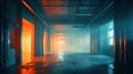 Smoke Fog, Mist Big Hall Neon City Retro Modern Virtual Reality Sci Fi, Futuristic Blade Runner Orange Blue Concrete, 3D Rendering