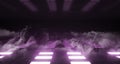 Smoke Fog Modern Neon Glowing Purple Pink Dance Stage Lights Dark Empty Sci-Fi Futuristic Ship Corridor With Reflective Surfaces.