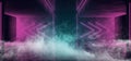 Smoke Fog Neon Arrow Shaped Sci Fi Modern Futuristic Alien Purple Pink Blue Glowing Laser Led Lights Empty Space Background Grunge