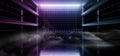 Smoke Fog Neon Laser Stage Cyber Virtual Blue Purple Glowing Beams On Metal Steel Wire Mesh Structure Fence Reflective Floor Dark