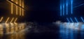 Smoke Fog Sci Fi Futuristic Neon Glowing Laser Yellow Blue Beams Pillars Concrete Grunge Tiled Floor Alien Spaceship Cyber Tunnel