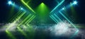 Smoke Fog Sci Fi Neon Green Blue Triangle Retro Glowing Lasers Spot Lights Empty Stage Podium Room Showcase Night Club Garage Royalty Free Stock Photo