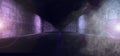 Smoke Fog Steam Asphalt Double Lined Road Track Night Dark Purple Blue Glowing Flares Concrete Grunge Walls Rough Background 3D
