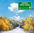 SMOKE FREE ZONE road sign against clear blue sky Royalty Free Stock Photo