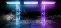 Smoke Futuristic Sci Fi Laser Neon Shapes Glowing Light Vibrant Purple Blue Stage NIght Club Background Grunge Concrete Dark