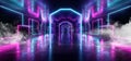 Smoke Futuristic Sci Fi Laser Neon Shapes Glowing Light Vibrant Purple Blue Stage NIght Club Background Grunge Concrete Dark