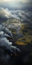 Smoke-infused Aerial Image: Wetland Enveloped In Mystery