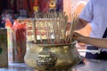 Smoke from many incense sticks that burning and embroidered in incense burner, Buddhists pray to be happy in the new year and ward Royalty Free Stock Photo