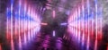 Smoke Neon Fluorescent Glowing Laser Purple Blue Futuristic Sci Fi Modern Retro Alien Spaceship Mothership Studio Corridor Tunnel Royalty Free Stock Photo
