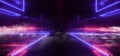 Smoke Neon Futuristic Lights Glowing Triangle Sci Fi Retro Abstract Shaped Lasers Purple Blue Vibrant Column Concrete Grunge Royalty Free Stock Photo