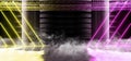 Smoke Neon Laser Fluorescent Yellow Purple Futuristic Column Garage Showroom Tunnel Corridor Concrete Metal Grunge Reflective Royalty Free Stock Photo