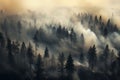 Smoke over the forest, fire in the pine forest, arial view