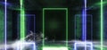 Smoke Rectangle Stage Laser Fluorescent Neon Glowing Vertical laser Tube Lines Blue Green White Colors In Dark Grunge Rough