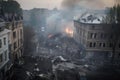 Smoke rise from burning bombed destroyed building