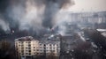 Smoke rise from burning bombed destroyed building