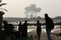 Smoke rises following an Israeli air strike in Khan Younis in the southern Gaza Strip