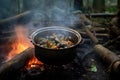 smoke rising from campfire with cioppino pot in background