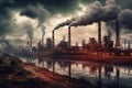 Smoke Rising From Coal-Fired Power Plants Against a Cloudy Sky Defocused Background