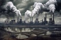 Smoke Rising From Coal-Fired Power Plants Against a Cloudy Sky Defocused Background