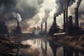 Smoke Rising From Coal-Fired Power Plants Against a Cloudy Sky Defocused Background