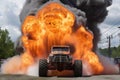 smoke rising from monster truck engine during a race