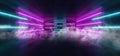 Smoke Sci Fi Futuristic Neon Glowing Purple Blue Laser Lines Reflective Concrete Grunge Dark Night Show Stage Entrance Garage