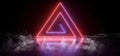 Smoke Sci Fi Futuristic Neon Lights Triangle Shaped Vibrant  Rainbow Glowing On Grunge Concrete Floor Ceiling Underground Garage Royalty Free Stock Photo