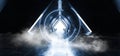 Smoke Sci Fi Triangle Spaceship Neon Glowing Laser Beam Virtual Lights Blue Fluorescent On Concrete Grunge Underground Tunnel