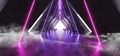 Smoke Sci Fi Triangle Spaceship Neon Glowing Laser Beam Virtual Lights Purple Blue Fluorescent On Concrete Grunge Underground