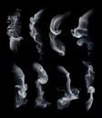 Smoke set isolated on black background. White cloudiness, mist or smog background. Smoke collection for your design