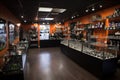 smoke shop, with a variety of vaporizers, pipes, and bongs on display