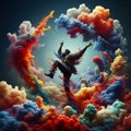 Smoke Signal Steps A dynamic portrayal of a man dancing amidst c