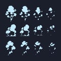 Smoke sprite effect. Cartoon dust cloud game animation asset, steam blast and fog dissipation 2D graphic frames. Vector