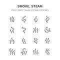 Smoke, steam flat line icons. Fumes shapes, aroma smell, heat illustrations. Evaporation signs. Pixel perfect 64x64