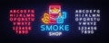 Smoke Store Logo Neon Vector. Cigarette Shop Neon Sign, Vector Design Template Vector Illustration On Tobacco Theme