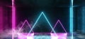 Smoke Triangle Laser Fluorescent Neon Glowing Vertical laser Tube Lines Blue Pink Purple Colors In Dark Grunge Rough Concrete Royalty Free Stock Photo