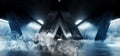 Smoke Triangle Shaped Grunge Concrete Sci Fi Futuristic Neon Blue White Elegant Empty Dark Reflective Big Hall Scene Alien Ship